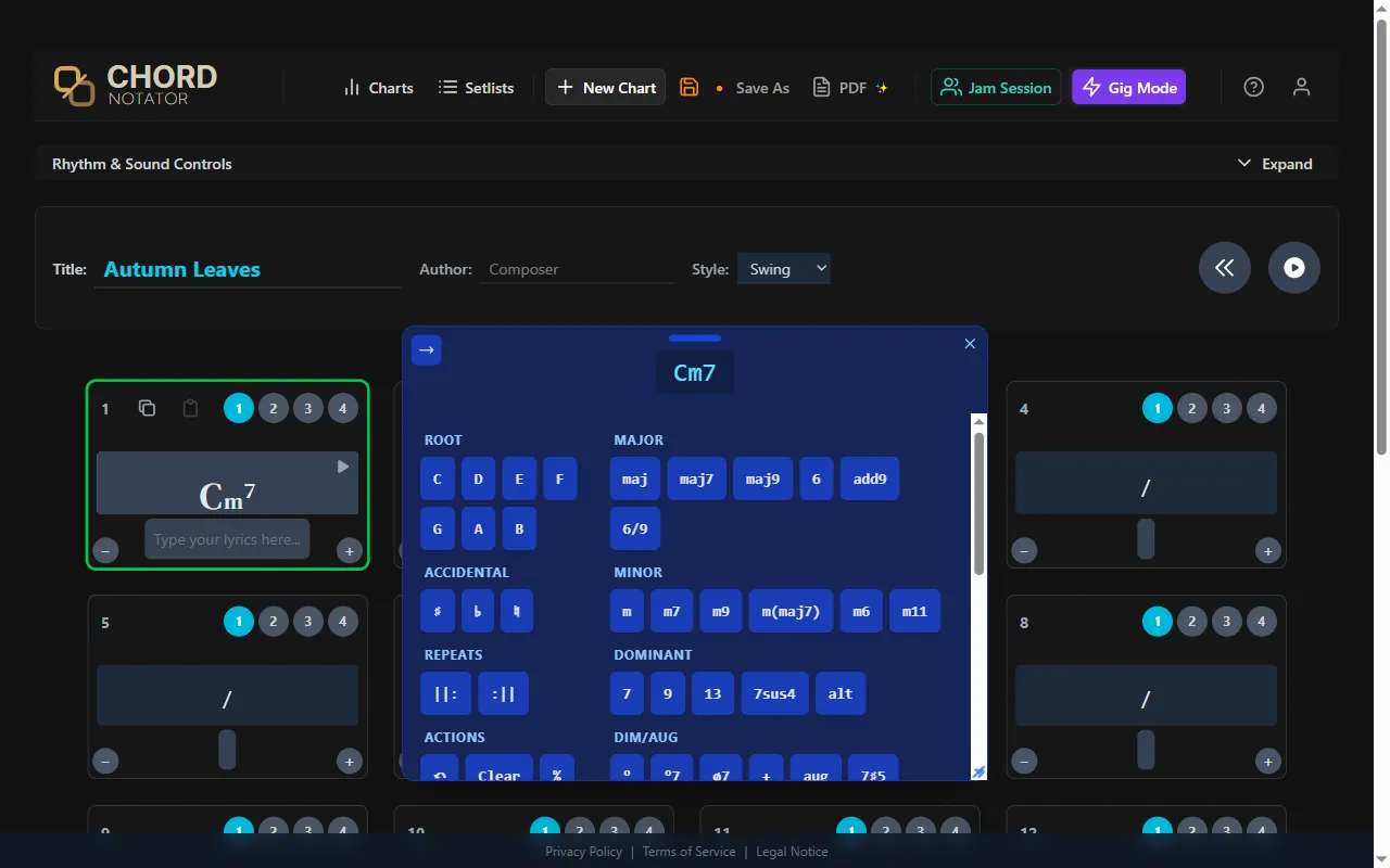 The Chord Notator chord palette with Cm7 entered in measure 1