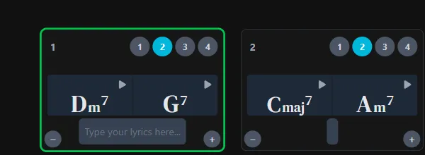 The + and − buttons in the bottom corners of a Chord Notator measure