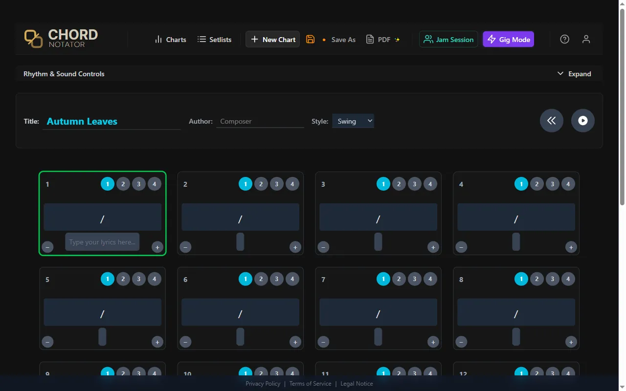 Chord Notator main interface with an empty Autumn Leaves chart